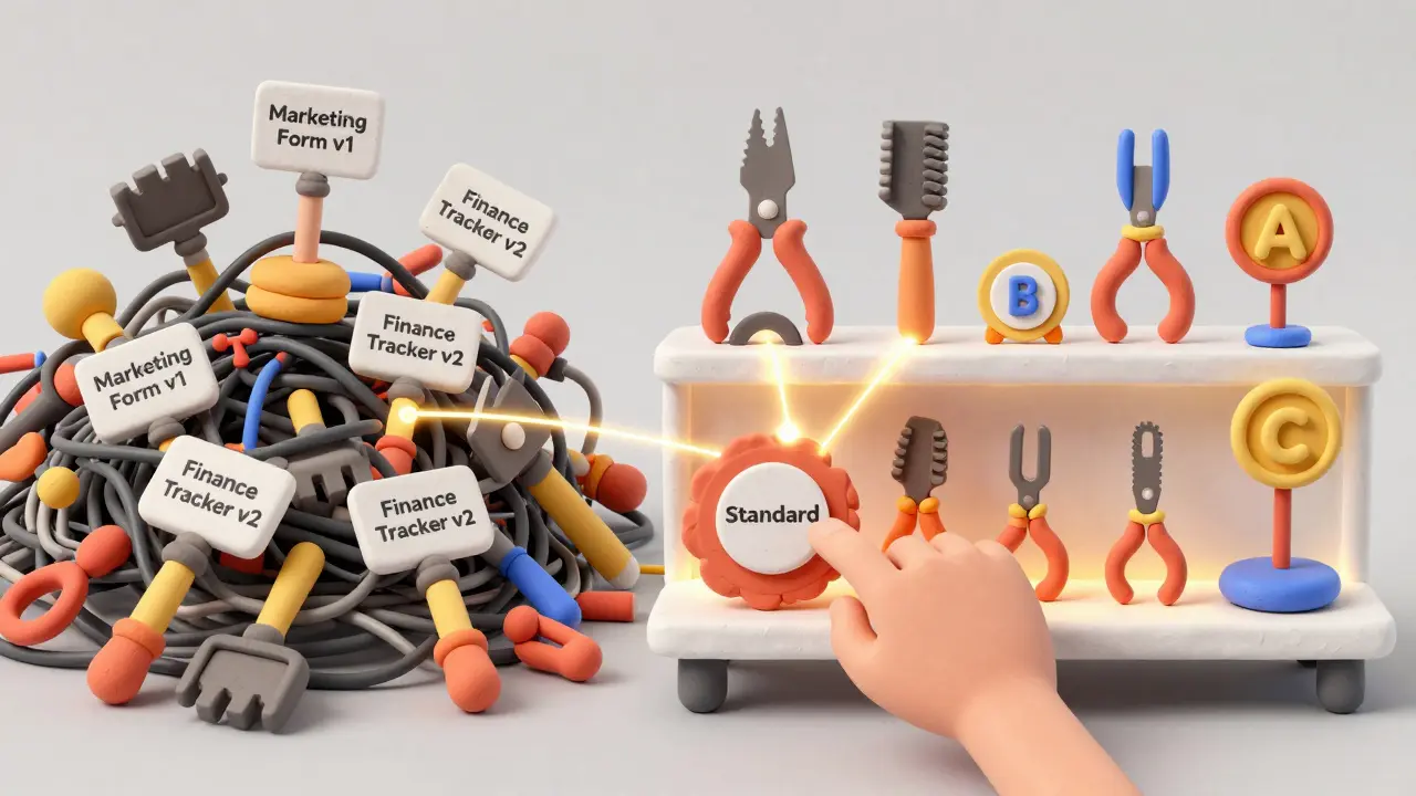 Un désordre d'outils dupliqués transformé en écosystème organisé avec des badges de stabilité.