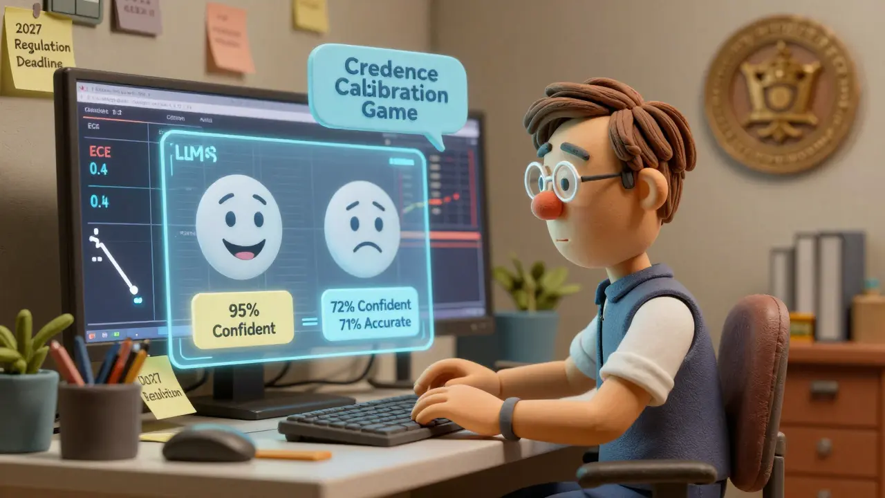 Un développeur observant deux modèles d'IA : l'un surconfiant, l'autre honnête, avec des métriques de calibration en temps réel.