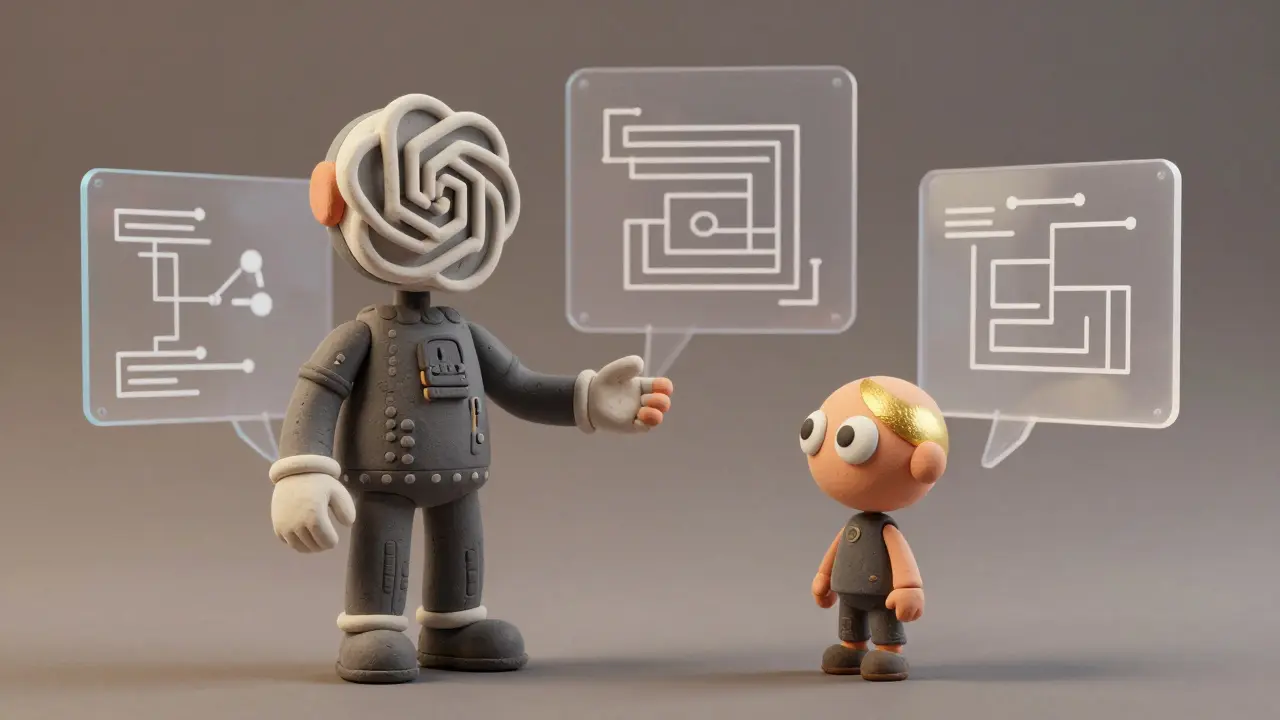 Un petit modèle en argile observe un grand modèle qui explique étape par étape, avec des chemins de logique flottants.