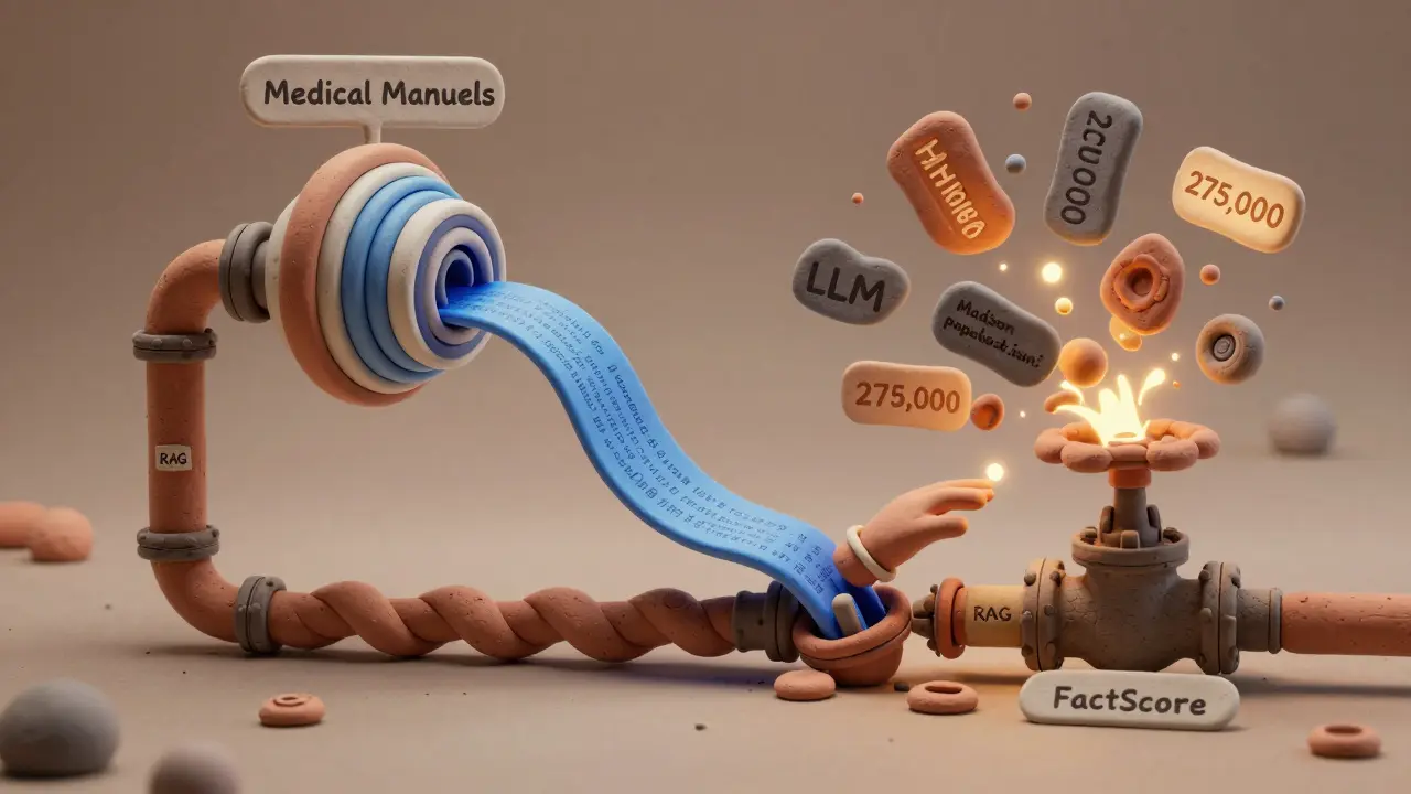 Un pipeline RAG vérifie des faits en les analysant un par un, avec des flux de données colorés.