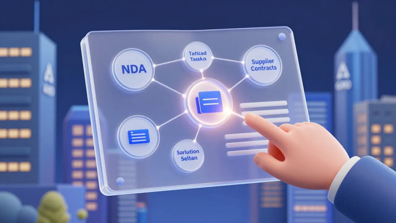 Un playbook juridique transparent se déploie au-dessus d'une ville, reliant les contrats et les validations humaines.