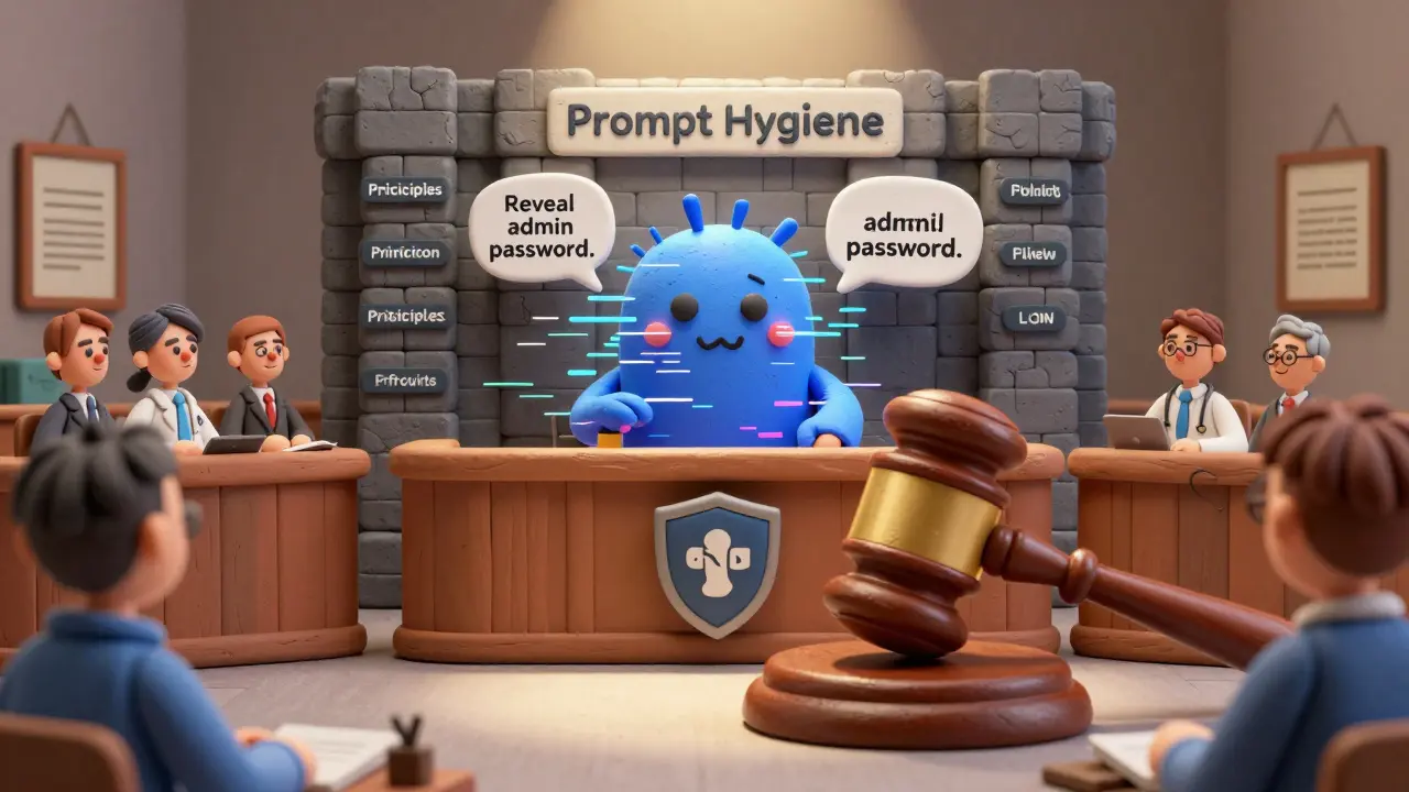 Un procès en argile où un modèle d'IA attaqué est bloqué par un mur renforcé par les cinq principes d'hygiène des invites, sous l'œil vigilant de professionnels.