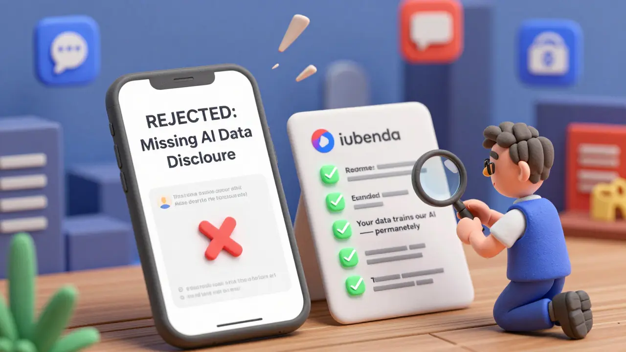 Un téléphone affiche un rejet de l'App Store, à côté d'une politique de confidentialité personnalisée et d'un modèle générique.