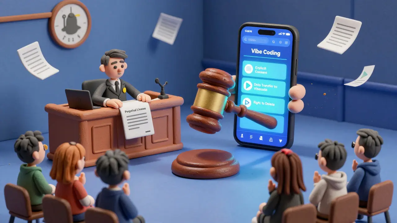 Une cour d'justice en argile où un développeur défend sa politique de confidentialité contre une plateforme d'IA.