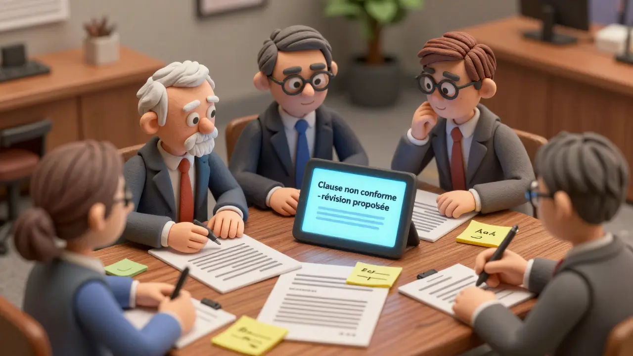 Une équipe juridique examine des contrats réels avec un tableau d'IA qui propose des révisions en temps réel.