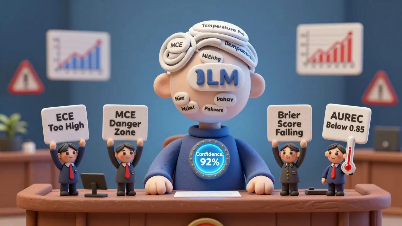 Une tête d'IA en argile dans un tribunal, entourée de juges alertant sur des métriques de calibration défaillantes.