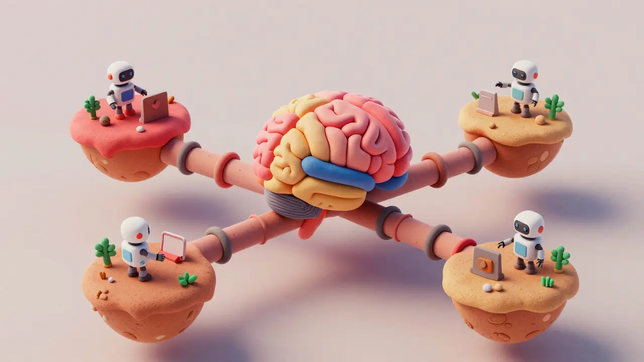 Architecture hub-and-spoke avec un cerveau central et des îlots isolés en 3D