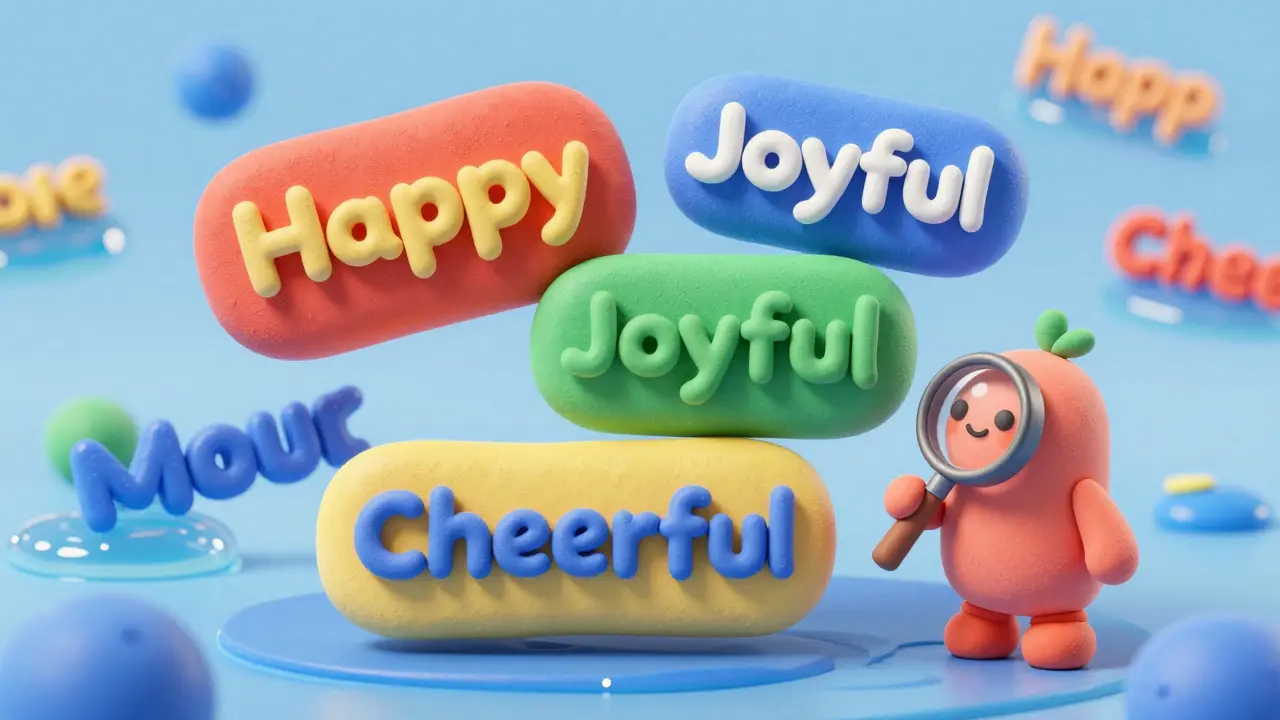 Bulles de mots synonymes flottant ensemble dans un espace gélatineux en 3D.