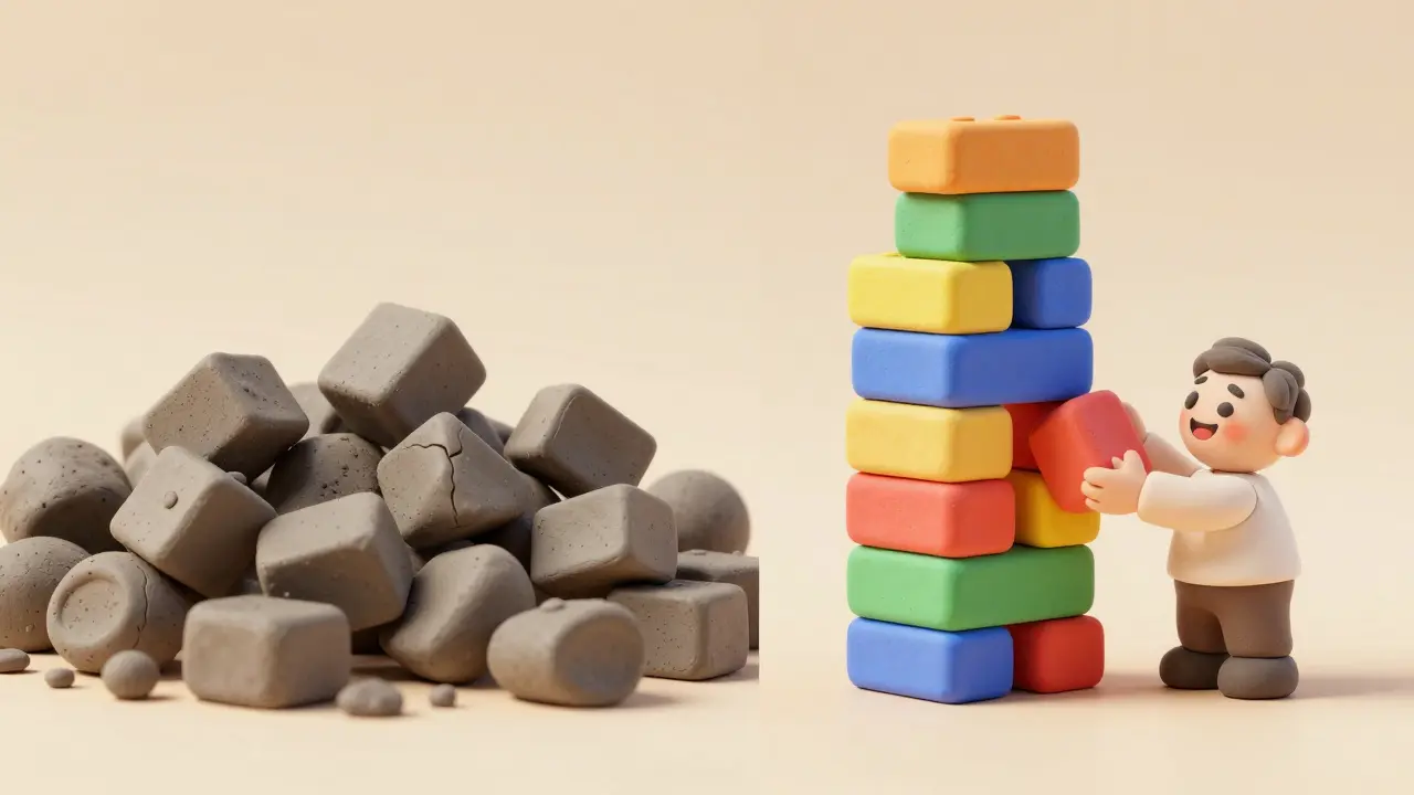 Comparaison en pâte à modeler entre un code désordonné et une structure propre.