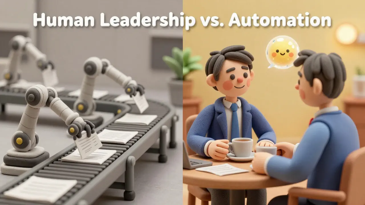 Comparaison entre l'automatisation robotique et l'interaction humaine chaleureuse en 3D.