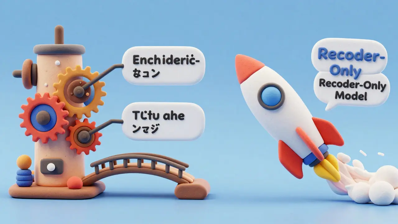 Comparaison stylisée en claymation entre un pont de traduction précis et une fusée générative rapide.