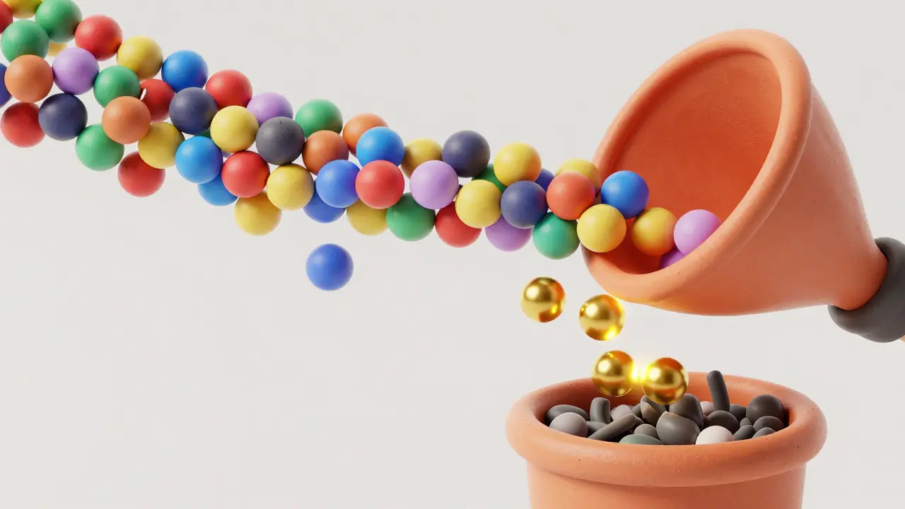 Entonnoir en 3D filtrant des perles de données colorées pour ne garder que l'essentiel.