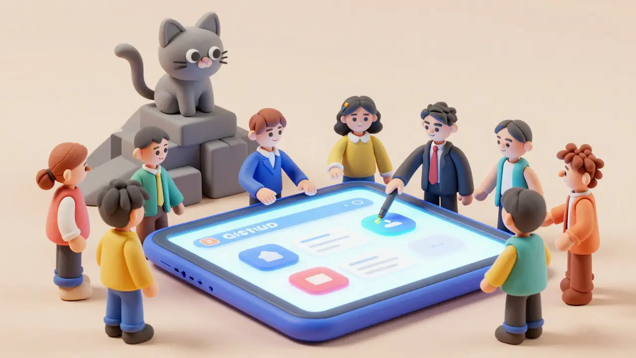 Équipe de personnages en pâte à modeler collaborant sur une application terminée.