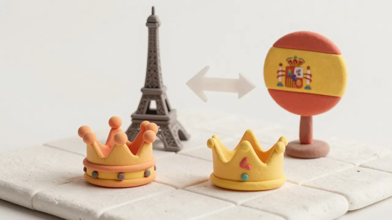 Figurines en argile d'une couronne et d'une tiare proches l'une de l'autre dans un espace vectoriel stylisé.