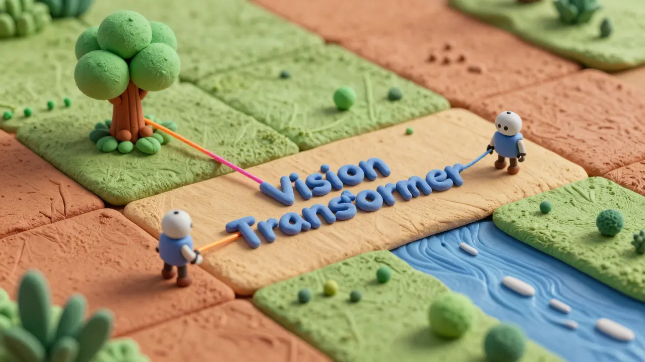 Image découpée en carrés de pâte à modeler reliés par des fils colorés.