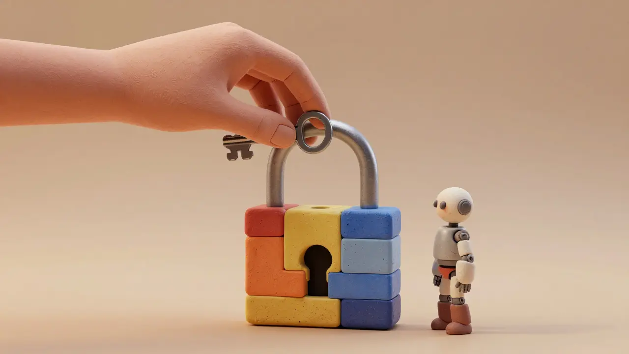 Main en argile tenant une clé au-dessus d'un système de verrouillage coloré et texturé.