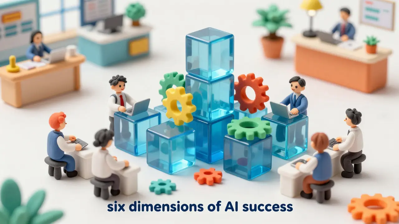 Miniatures en argile construisant un écosystème stratégique d'IA avec des blocs de données.