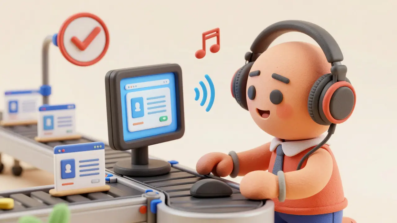 Personnage en claymation utilisant un lecteur d'écran à côté d'une chaîne de montage automatisée.