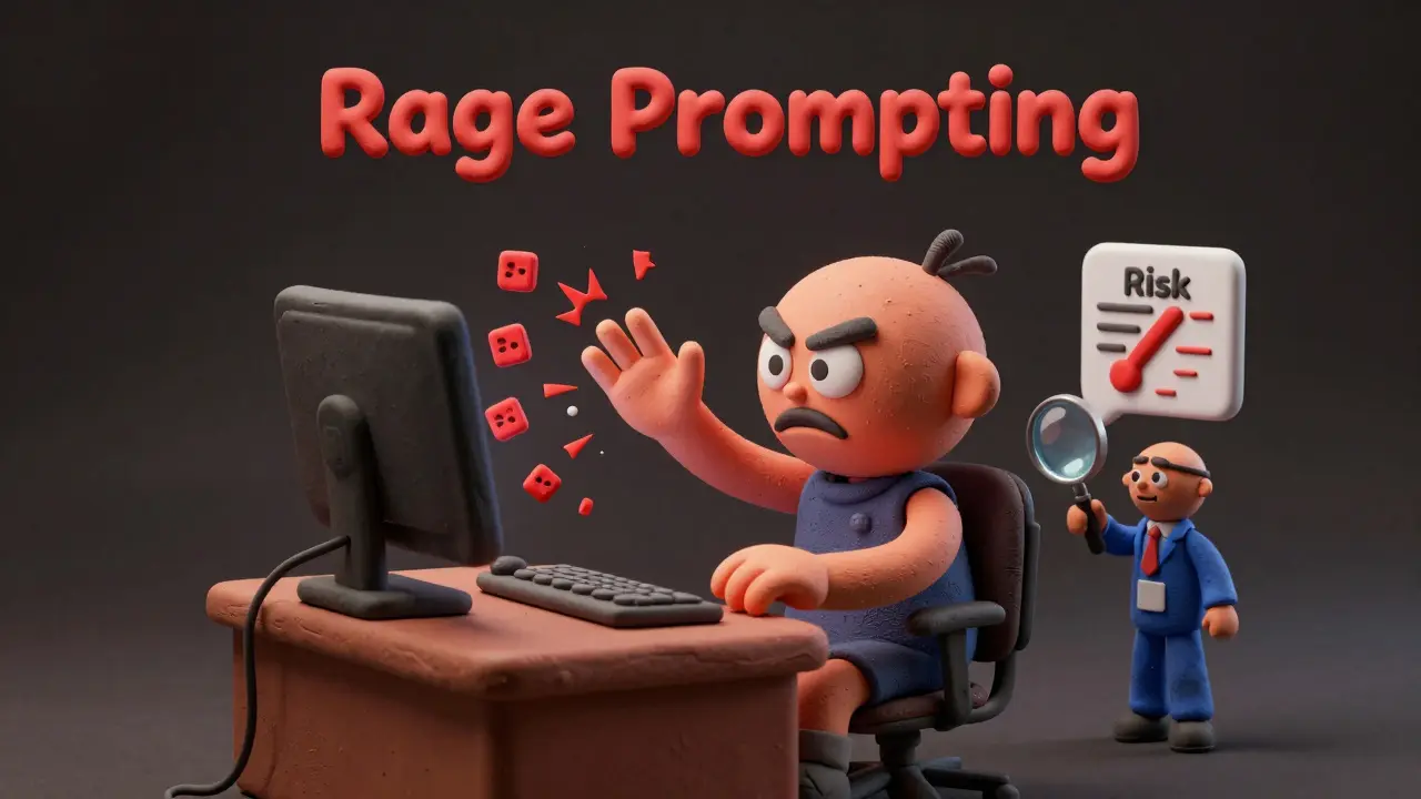 Personnage en pâte à modeler frustré devant son ordinateur illustrant le rage prompting.