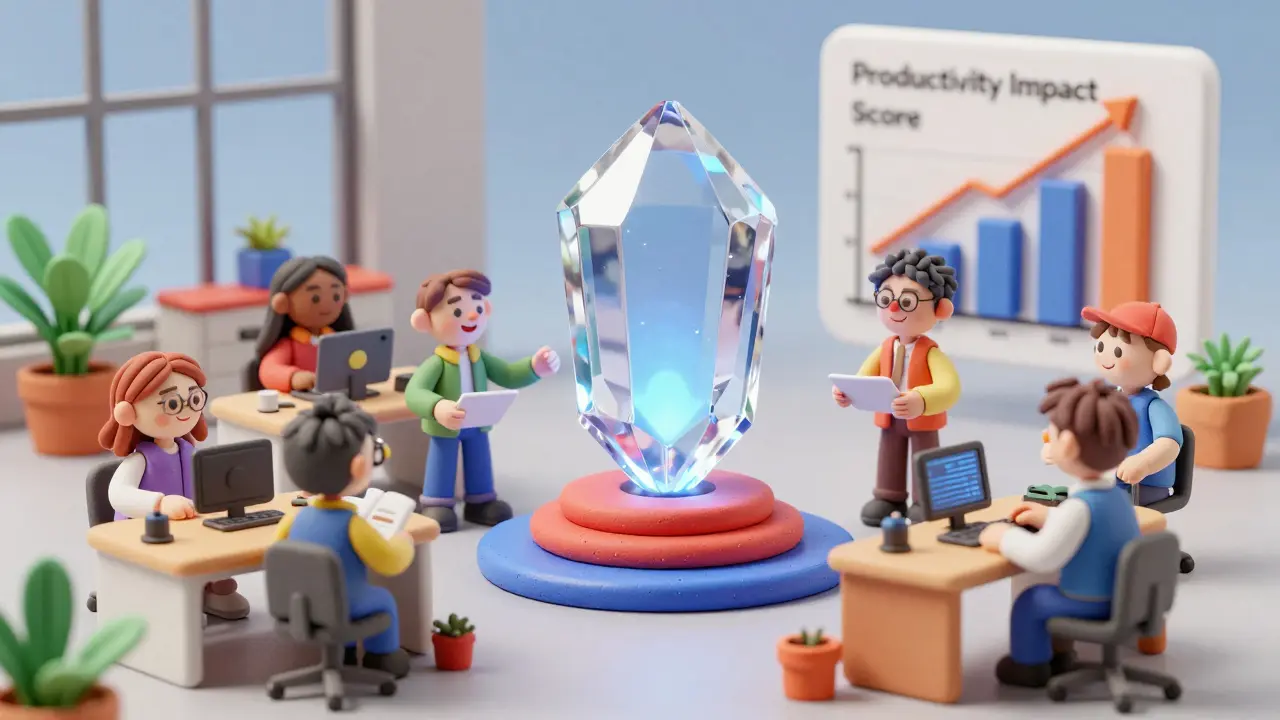 Personnages en pâte à modeler utilisant une IA avec un graphique de productivité en hausse.