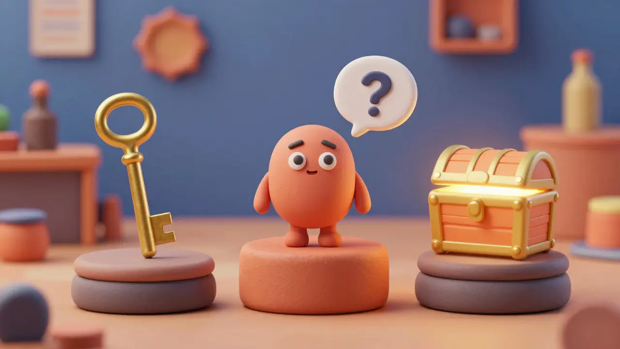 Représentation en claymation d'une clé, d'une requête et d'une valeur sur des socles.