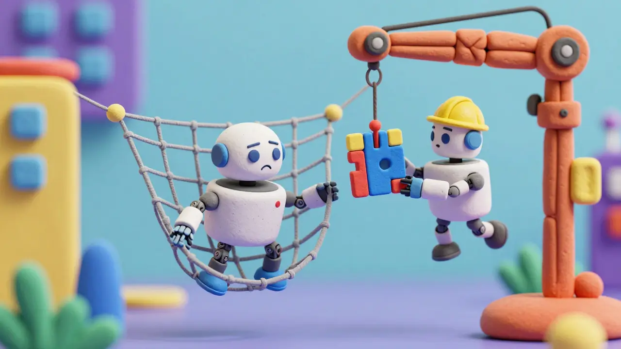 Robot de récupération intervenant pour aider un robot primaire confus avec un puzzle JSON.