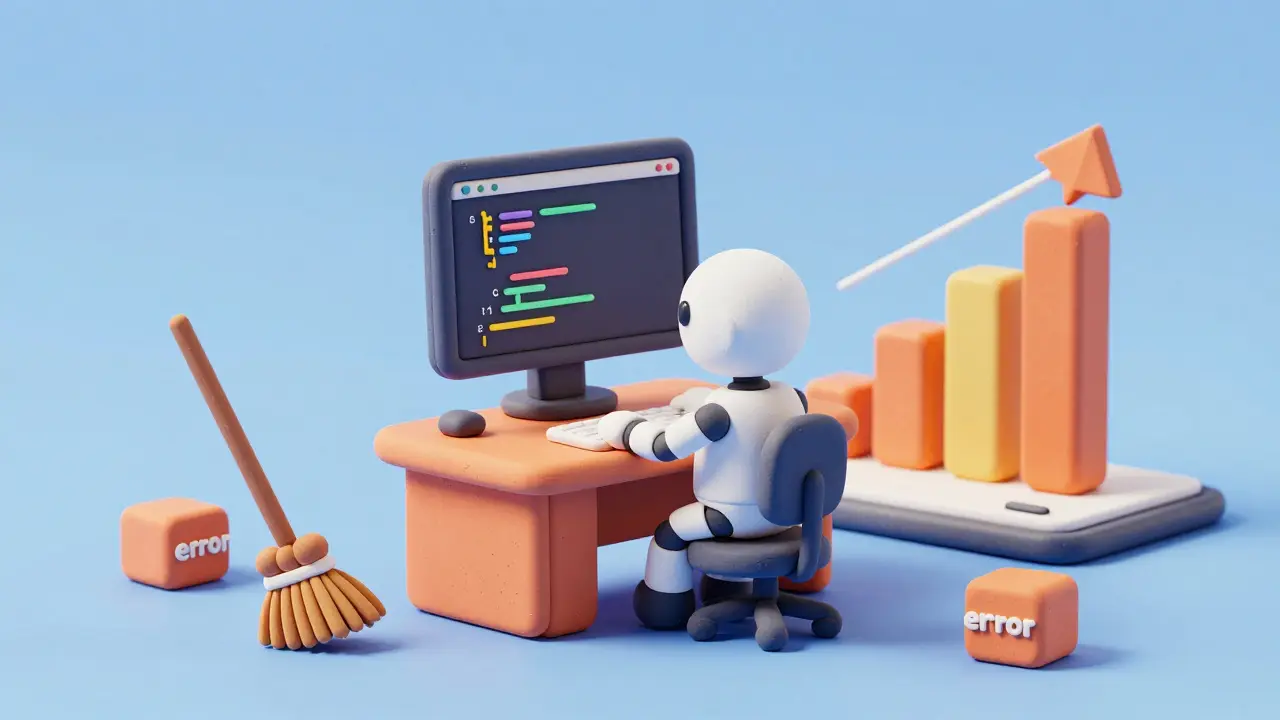 Robot en pâte à modeler corrigeant du code pour générer un graphique 3D.