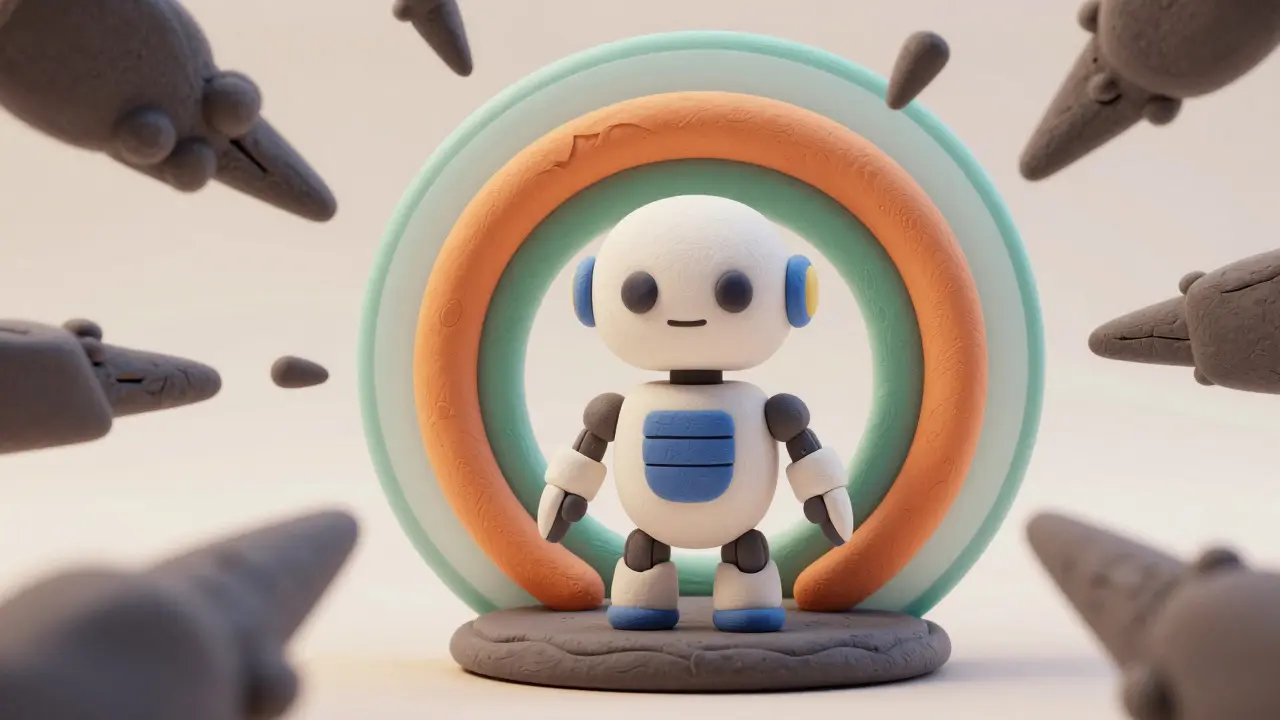 Robot en pâte à modeler protégé par plusieurs couches de boucliers de sécurité.