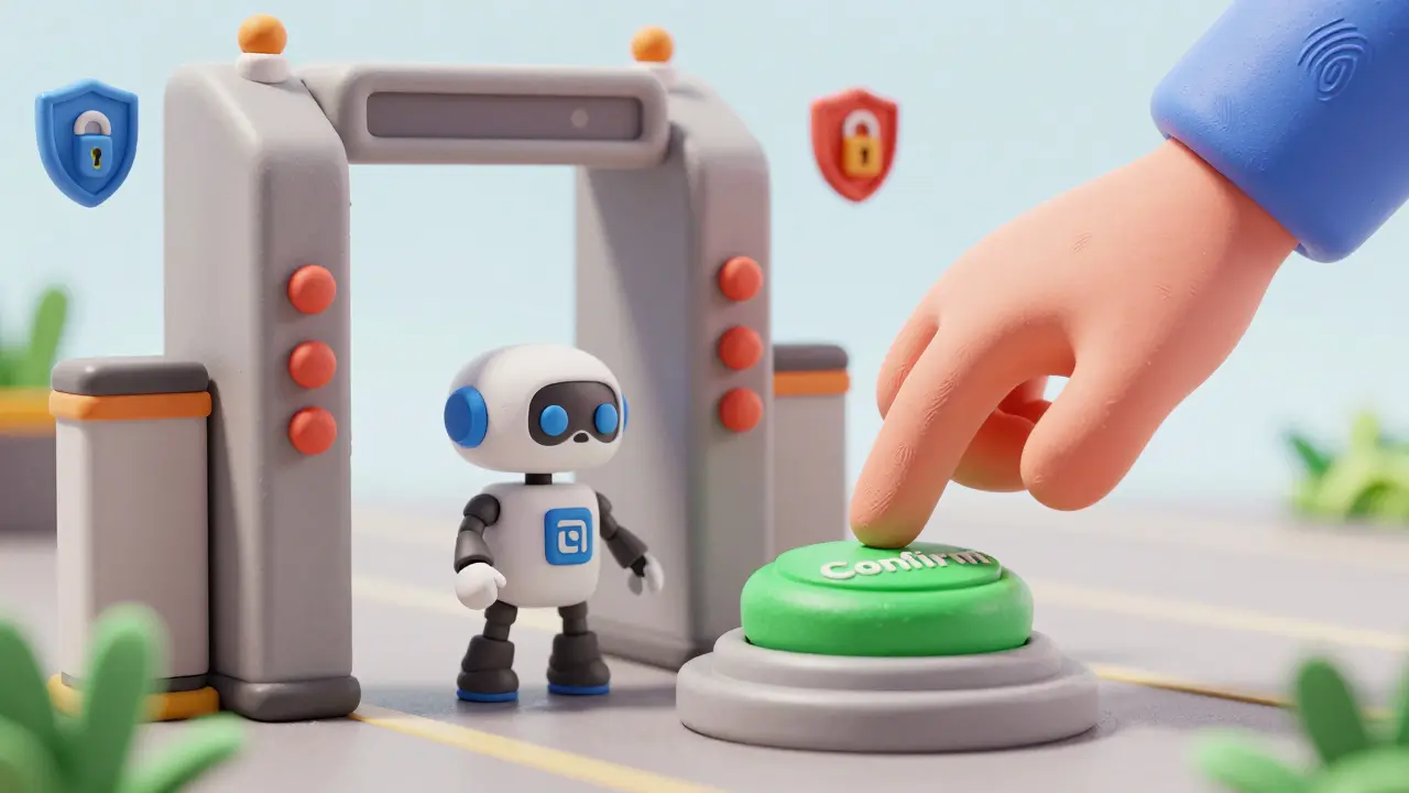 Robot IA attendant une validation humaine devant une porte de sécurité en pâte à modeler