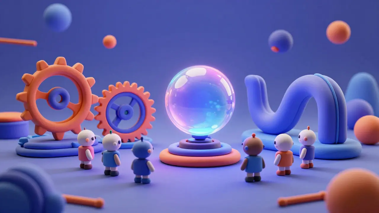 Robots en pâte à modeler assemblant des pièces d'architectures LLM pour créer un modèle hybride.