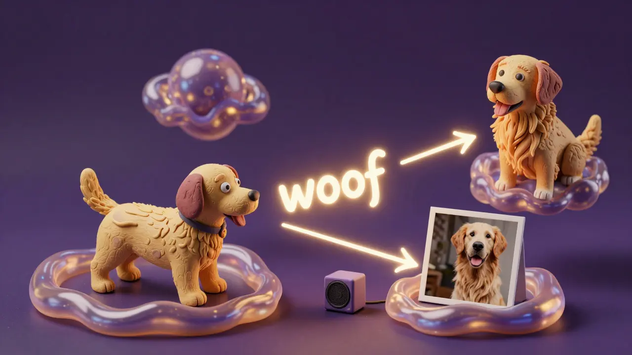 Scène en 3D claymation reliant un chien, un aboiement et une photo dans un espace vectoriel multimodal.