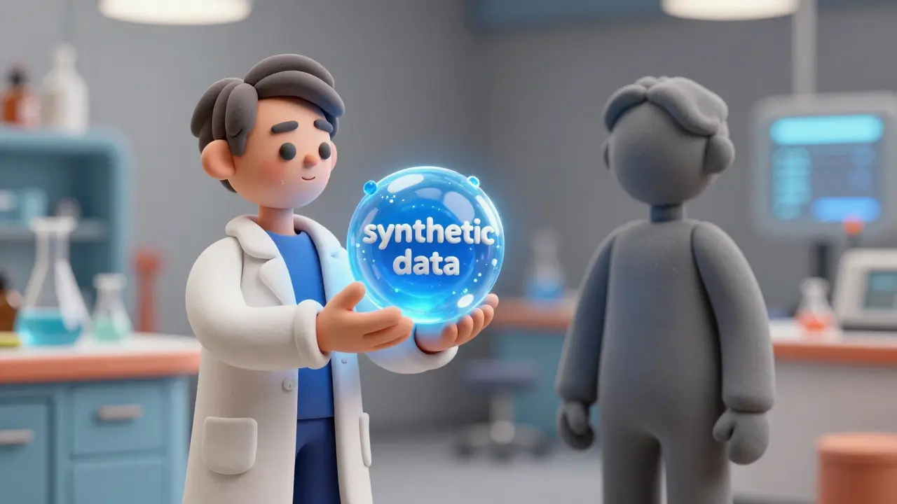 Scientifique en pâte à modeler manipulant une sphère de données synthétiques.