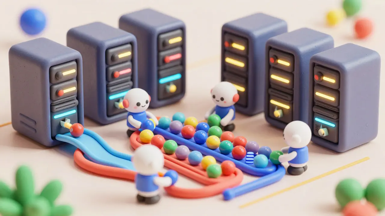 Serveurs GPU stylisés en pâte à modeler gérant des flux de données colorés.