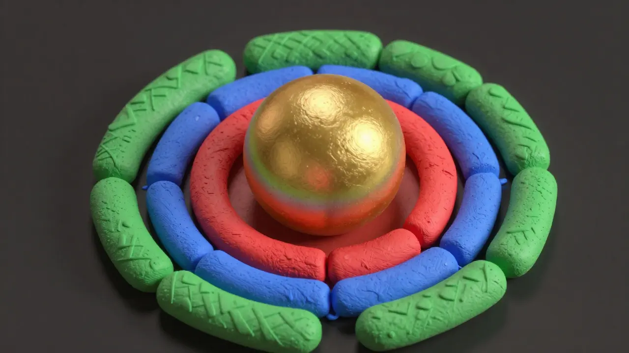 Sphère centrale entourée de trois anneaux de sécurité de couleurs différentes en style argile.