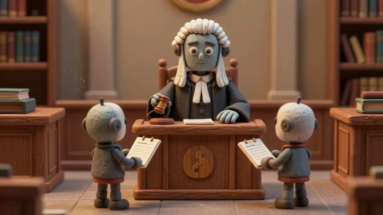 Un robot juge en pâte à modeler évaluant les réponses de deux autres robots.