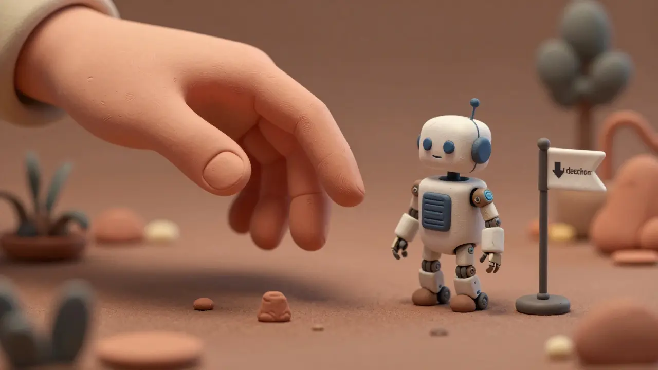 Une main humaine guidant un petit robot près d'un point de sauvegarde en pâte à modeler.