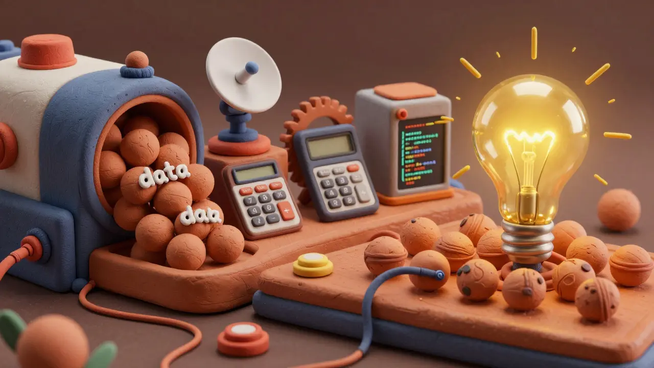 Usine conceptuelle en pâte à modeler transformant des données en connaissances via des outils IA.