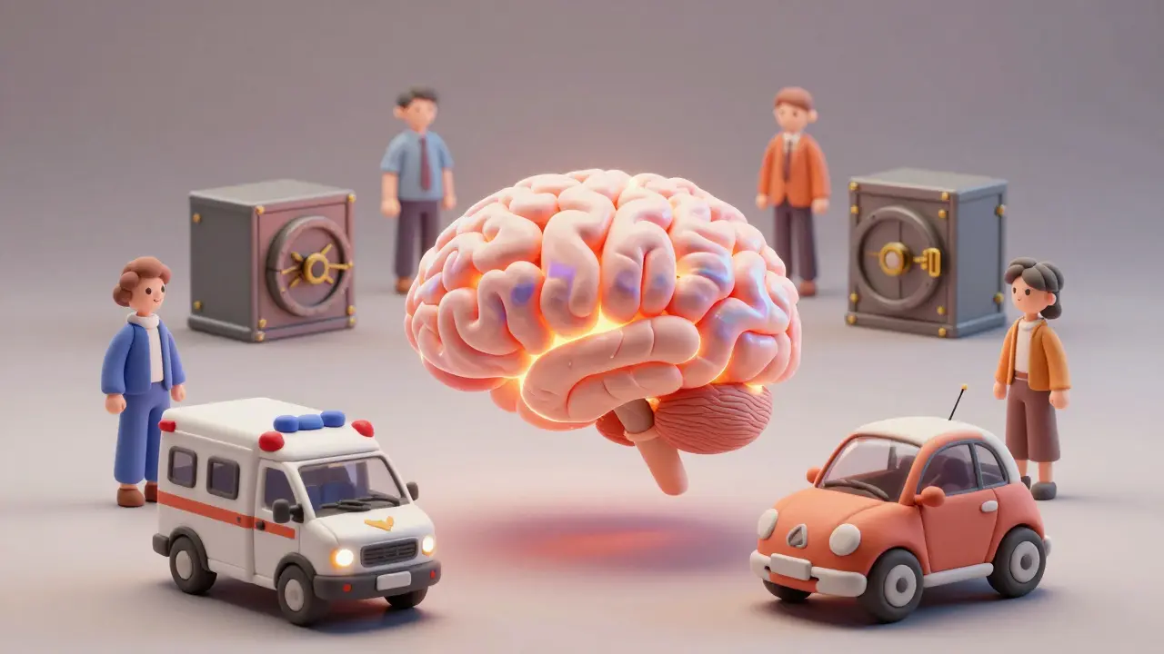 Véhicules et coffres-forts en pâte à modeler entourant un cerveau iridescent symbolisant l'IA.