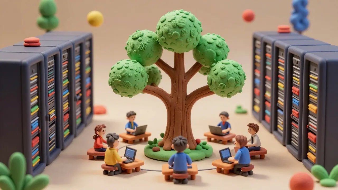 Arbre algorithmique en pâte à modelée dans une salle de serveurs stylisée