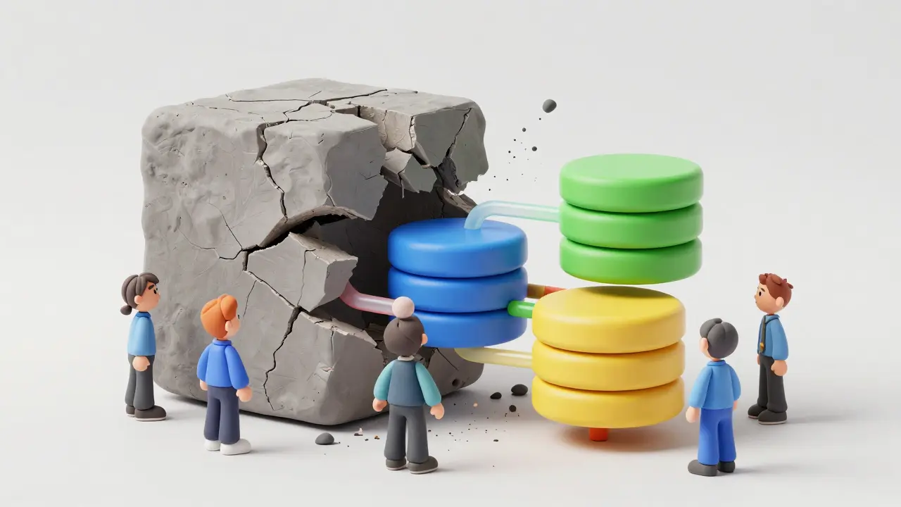 Des ouvriers en argile démontent un bloc monolithique pour créer une architecture modulaire et structurée.