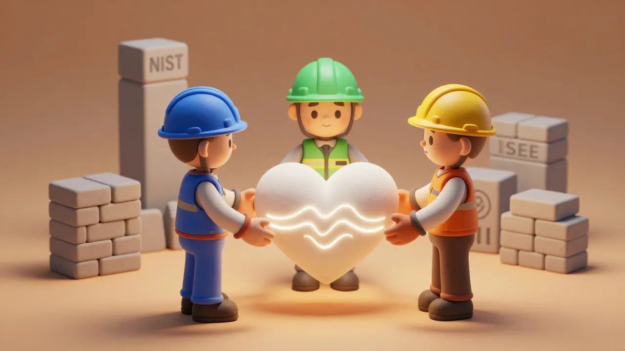 Figures en argile collaborant autour d'un cœur lumineux symbolisant l'IA sécurisée.