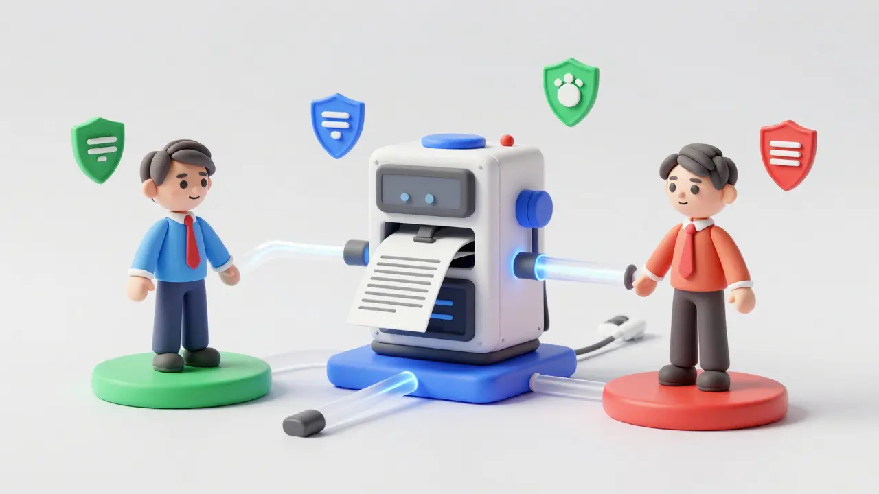 Figures en pâte à modelier illustrant les secteurs santé, finance et droit connectés