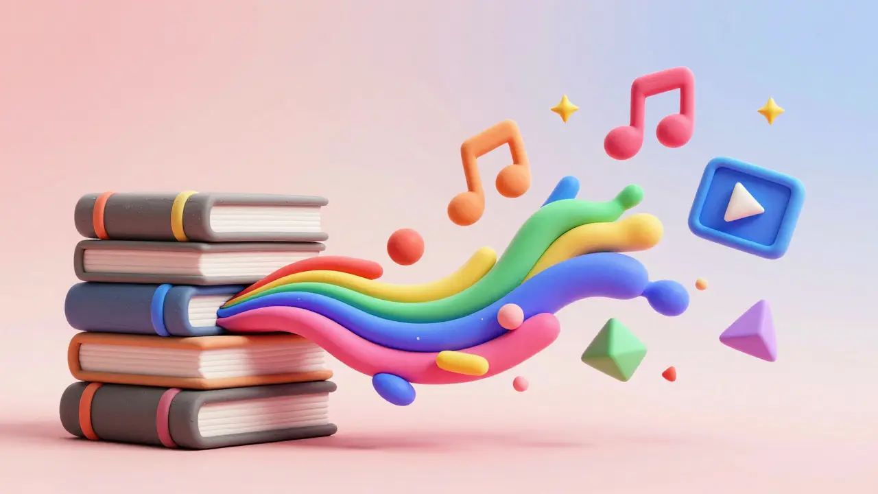 Livres d'argile se transformant en éléments multimédias colorés