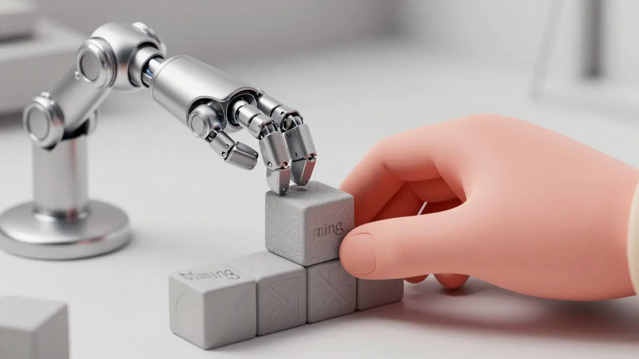 Main humaine et bras robotique collaborant sur des blocs de processus
