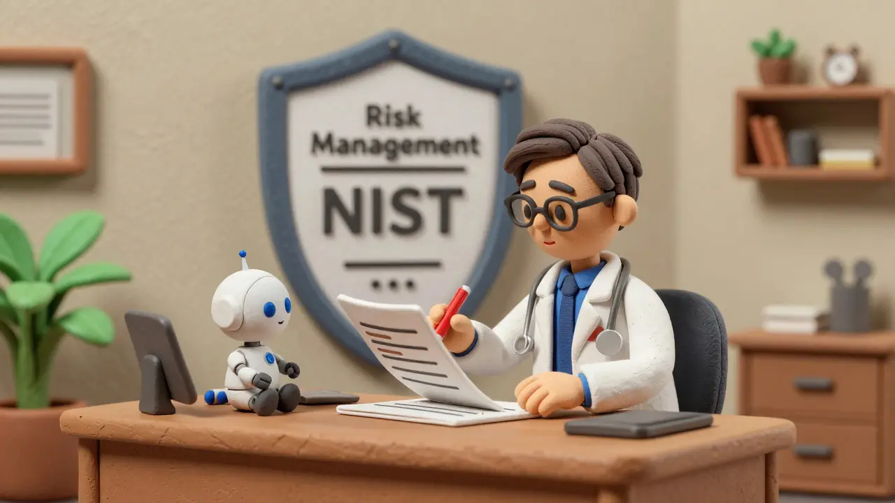 Médecin en argile supervisant une IA assistante, symbolisant la gouvernance humaine responsable.