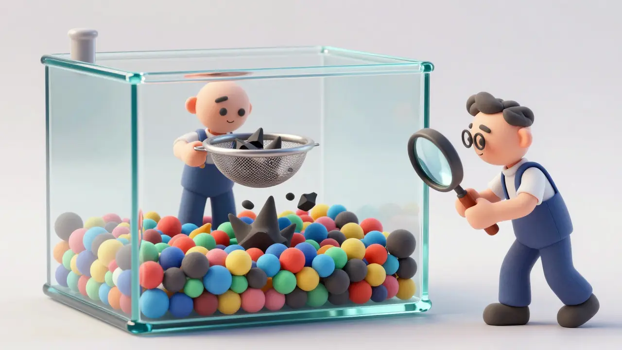 Personnage en pâte à modeler filtrant des données toxiques d'un bac de billes colorées.