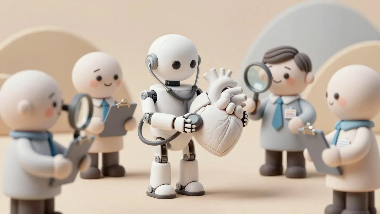 Régulateurs en argile inspectant un robot médical pour garantir la conformité et la sécurité FDA.
