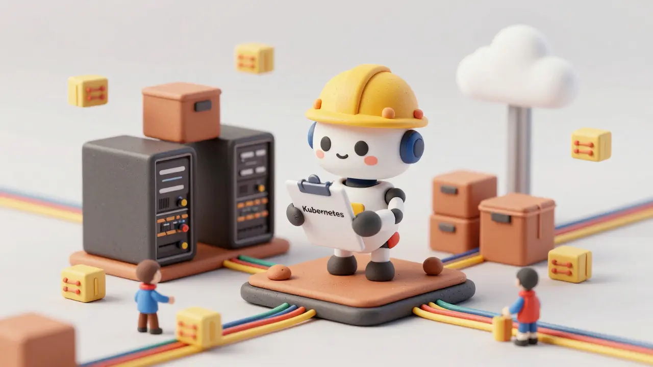 Robot en argile orchestrant le flux de données entre serveurs locaux et tours cloud avec Kubernetes