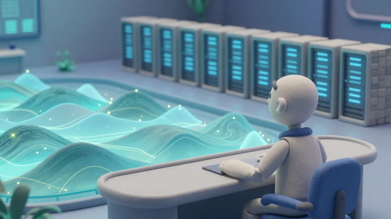 Salle de contrôle apaisée en style claymation illustrant le scaling prédictif
