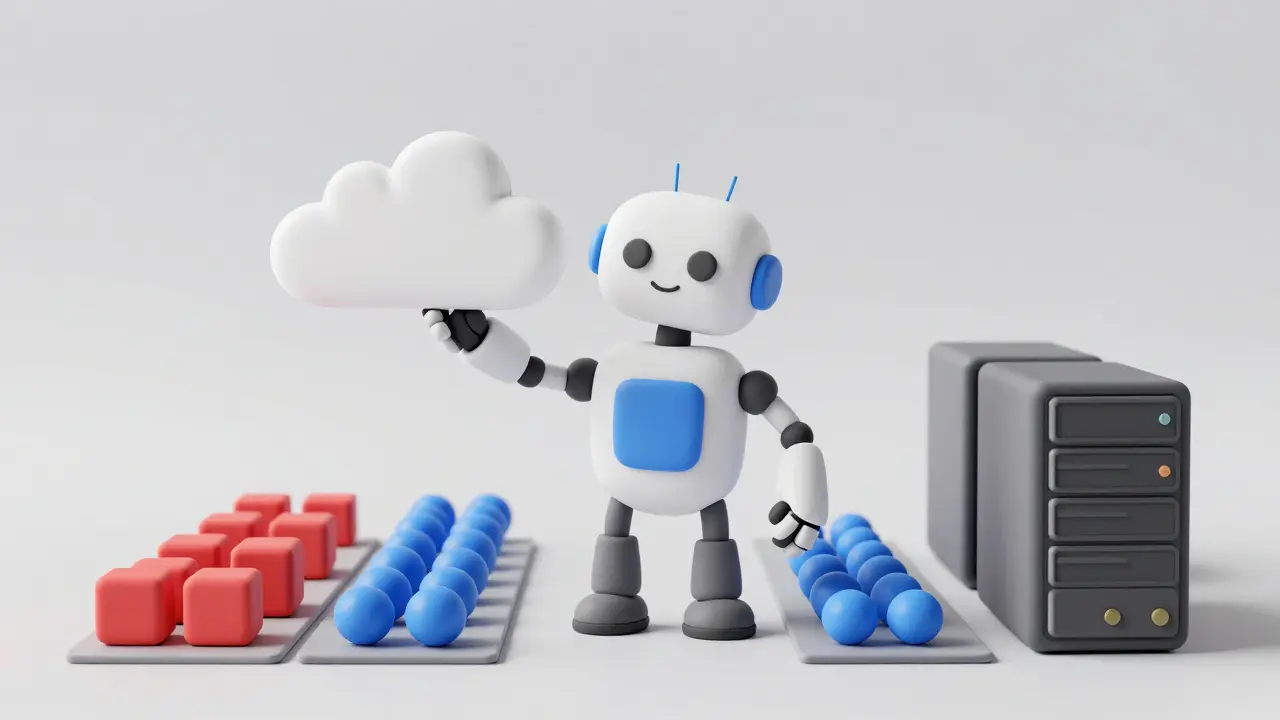 Stratégie hybride d'IA montrant un robot triant les tâches entre cloud et serveur local